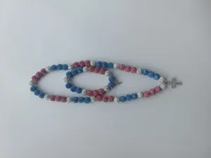 10mm blue and pink AB clay pave bead Shamballa necklace and bracelet set with cross pendants