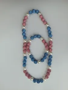 Handmade 10mm rhinestone clay bead necklace and bracelet jewelry set in blue and pink
