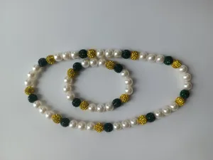 10mm white pearl with gold and green pavé disco bead necklace and bracelet jewelry set