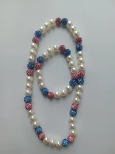 Shamballa necklace and bracelet set with pink blue rhinestone beads and white pearls
