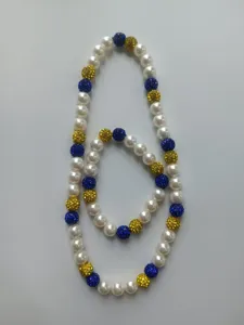 Handmade blue and yellow Shamballa rhinestone bead necklace and bracelet set with white pearls