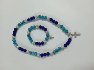 10mm blue and white AB clay Shamballa bead necklace and bracelet set with cross pendants.