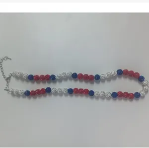 Red white blue rhinestone ball beaded necklace 10mm clay Shamballa style fashion jewelry detail shot