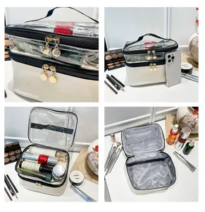 Dettagli multi-angolo di una grande borsa da viaggio per trucco in PU trasparente a due strati.