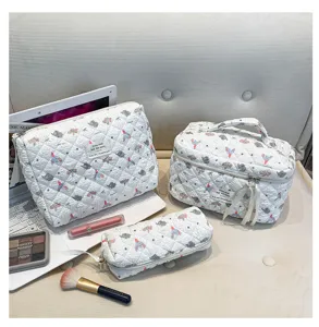 Detailed view of three quilted bubble fabric makeup bags with cute elephant pattern.