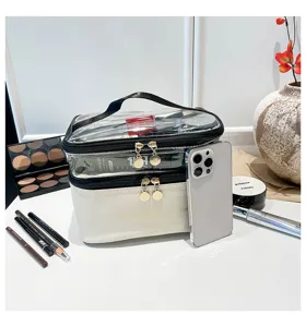 Beauty case da viaggio a doppio strato con parte superiore trasparente e base beige