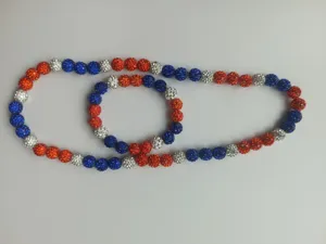 Detail view of red white and blue rhinestone disco ball Shamballa necklace and bracelet set