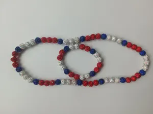 Red white and blue 10mm rhinestone bead necklace and bracelet set on white background