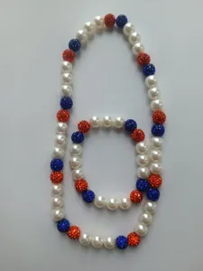 10mm Shamballa beaded necklace and bracelet set in red white and blue baseball colors