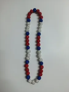 Detailed shot of red white blue 12mm sparkle rhinestone clay bead Shamballa necklace