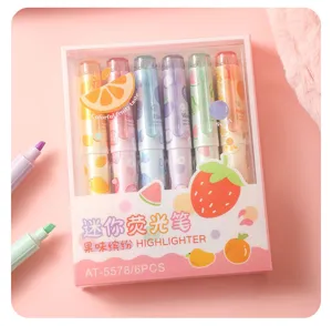 Cute mini fruit highlighter set, 6 colorful aesthetic pens for student note-taking and drawing.