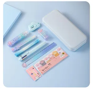 Cute gradient cat paw stationery gift box set with pencil case, pens, sticky notes, and ruler.