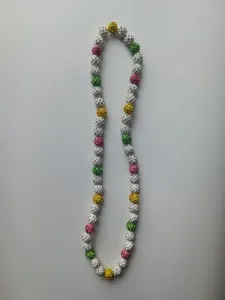 Close-up of colorful Shamballa clay rhinestone bead necklace with elastic cord