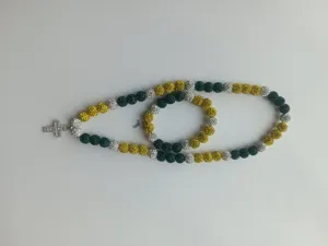 10mm green and gold clay disco ball bead necklace and bracelet jewelry set with cross