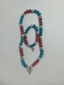 Shamballa style pink and blue rhinestone ball necklace bracelet set with cross pendant