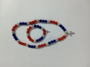 10mm red white blue rhinestone clay bead jewelry set with cross pendant