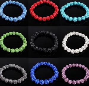 Detailed view of 10mm crystal disco ball bead stretch bracelets in nine vibrant colors