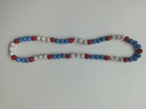 Detailed view of 10mm red white blue rhinestone clay bead necklace for baseball fans