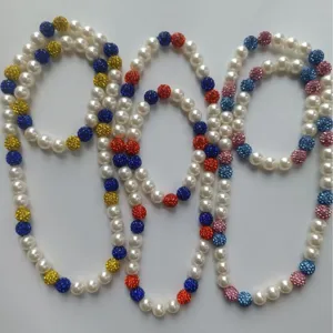 Hip hop style jewelry set with 10mm white pearls and colorful Shamballa rhinestone balls