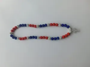 Sparkling red white and blue rhinestone clay disco ball bead necklace with a silver cross