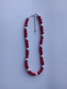 Red and white rhinestone disco ball shamballa beaded necklace with metal lobster clasp