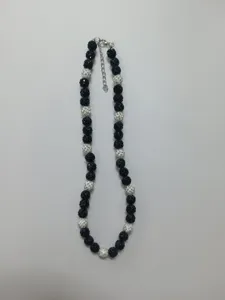 Black and white rhinestone shamballa ball necklace with lobster clasp and extender chain.