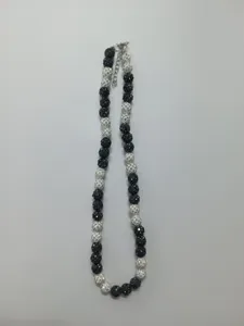 Black and white rhinestone shamballa bead necklace with metal extender chain for women.