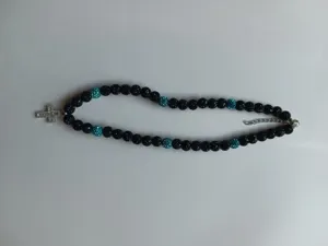 Black blue shamballa rhinestone ball necklace with micro pave cross pendant and extension chain