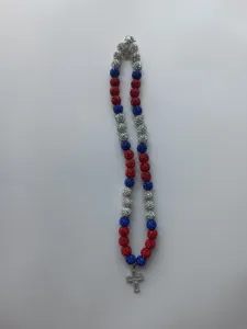 Red white blue rhinestone Shamballa bead necklace with cross pendant, detailed product view.