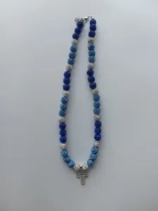 Blue and silver rhinestone shamballa beads necklace with micro pave cross pendant and clasp.