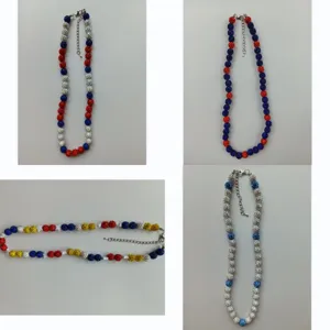 Colorful rhinestone Shamballa clay ball necklace with metal lobster clasp and extension chain.