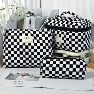 Large Capacity Korean Style Quilted Checkerboard Makeup Bag Women Quilted Toiletry Bag Grid Cosmetic Storage Organizer Travel Pouch Set