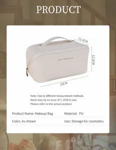 Vue détaillée de la trousse de maquillage en cuir PU avec dimensions 23x11,5x12,5cm.
