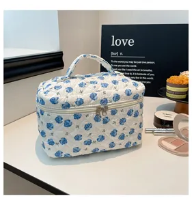 Detail of quilted blue floral vanity case with handle and zipper in lifestyle setting