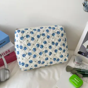Macro detail of large capacity quilted cotton storage bag with blue rose floral pattern