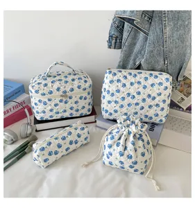Detailed view of 4-piece quilted cotton makeup bag set with blue floral prints