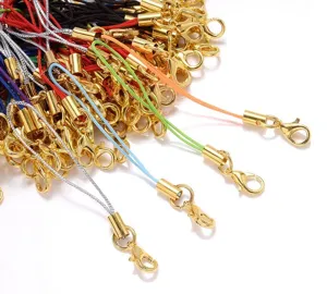 DIY handmade phone lanyards with gold lobster clasps and metal tubes for accessories.