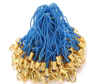 Bulk blue phone straps with gold lobster clasps, ideal for DIY jewelry accessories.