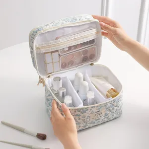 Detailansicht der Innenseite einer geblümten gesteppten Kosmetiktasche mit vielen Fächern