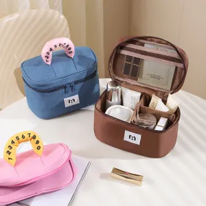 Large capacity portable makeup bag with internal dividers and numeric handle detail.
