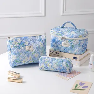 Detailed view of floral quilted cotton makeup bag set for travel organization