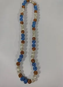 Twelve mm Shambhala crystal ball beaded necklace featuring blue white and brown sparkling beads