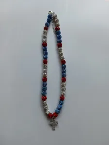 Red white and blue Shamballa bead necklace with a sparkling rhinestone cross pendant