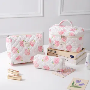 Ins Style Quilted Cotton Floral Makeup Bag Large Capacity Travel Cosmetic Storage Bag Portable Toiletry Organizer Pouch Women
