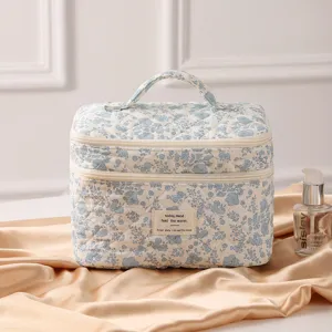 Detailansicht des eleganten blauen Blumen-Steppmusters auf einer großen Kosmetiktasche