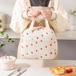 Large strawberry print corduroy insulated lunch bag portable thermal tote for picnic