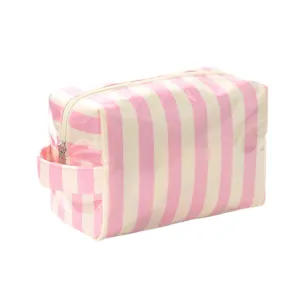 Grande trousse de maquillage en PVC à rayures roses et blanches pour le voyage