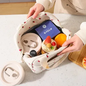 Large insulated corduroy lunch bag with cute strawberry pattern for picnic and office