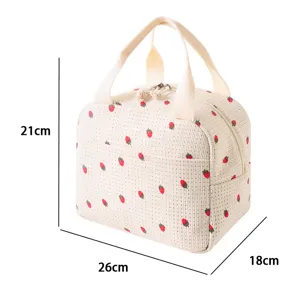 Strawberry pattern corduroy insulated lunch bag with 26x21x18cm clear size markers