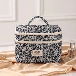 Detailansicht einer eleganten, gesteppten Kosmetiktasche mit Blumenmuster auf Goldseide